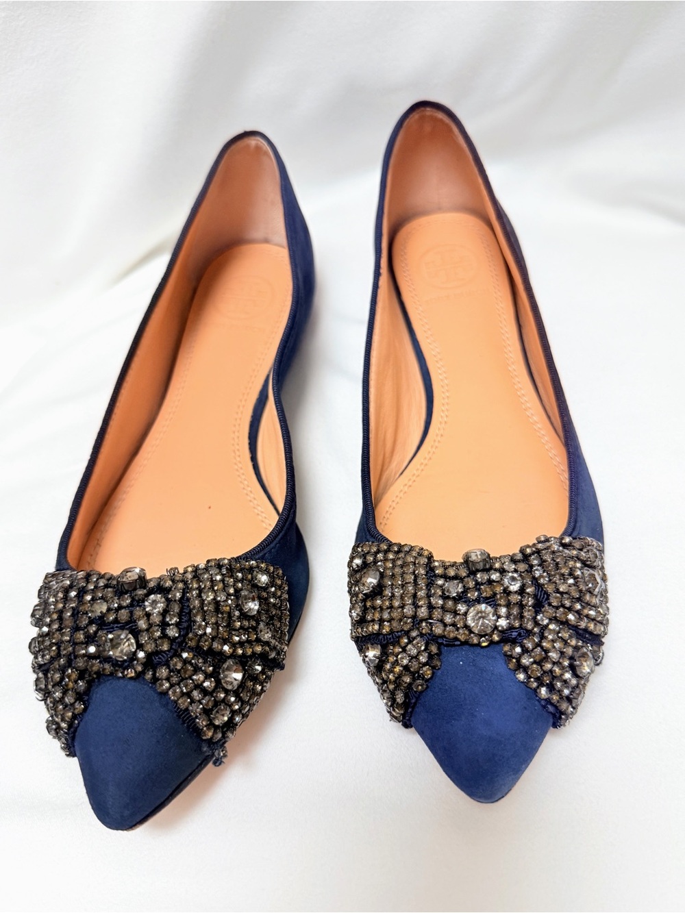 Tory Burch Navy Suede Embellished Bow Ballet Flats Pointed Toe 5.5M